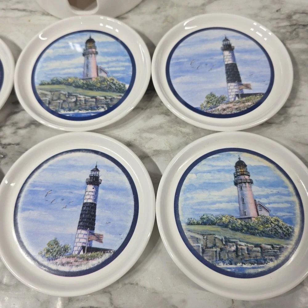 Vintage Lighthouse Coaster Set Of  6 With Holder White Plastic In EUC